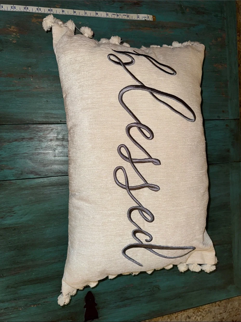 Ivory 'Blessed' Throw Pillow with Gray Script